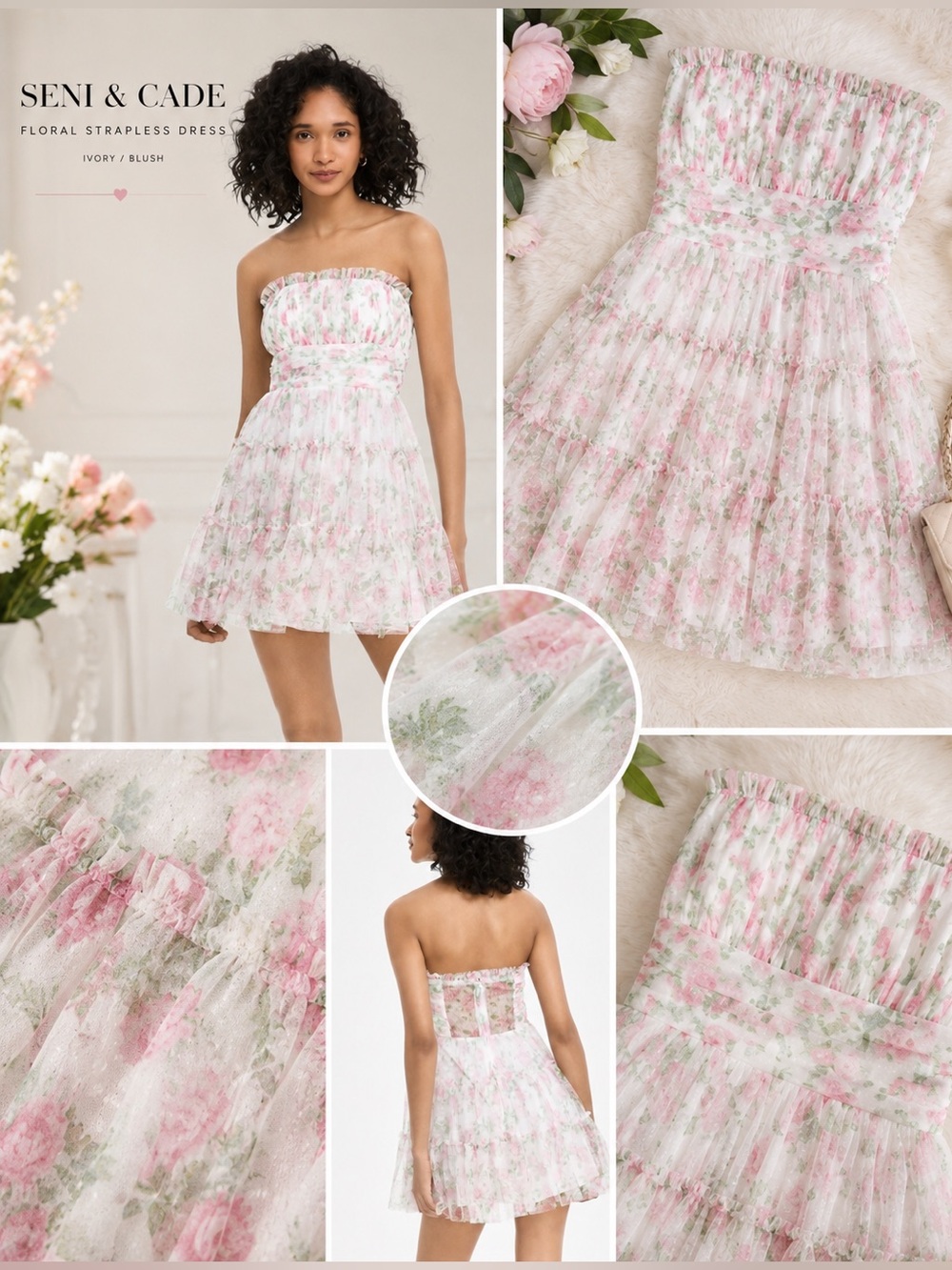 SENI & CADE Ivory Blush Floral Strapless Fit Flare Mini Dress M NWT